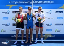 Niels Torre, Lightweight Men's Single Sculls, Italy, Gold, Marlon Colpaert, Silver, Baptiste Savaete, France, Bronze, 2024 European Rowing Championships, Szeged, Hungary © Detlev Seyb / MyRowingPhoto.com