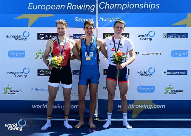 Niels Torre, Lightweight Men's Single Sculls, Italy, Gold, Marlon Colpaert, Silver, Baptiste Savaete, France, Bronze, 2024 European Rowing Championships, Szeged, Hungary © Detlev Seyb / MyRowingPhoto.com