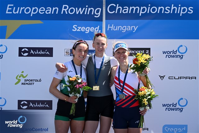 Alena Furman, Lightweight Women's Single Sculls, Individual Neutral Athlete, Gold, Margaret Cremen, Ireland, Silver, Kristyna Neuhortova, Czechia, Bronze, 2024 European Rowing Championships, Szeged, Hungary © Detlev Seyb / MyRowingPhoto.com