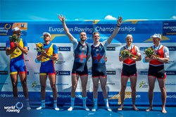 Oliver Wynne-Griffith (b), Tom George (s), Men's Pair, Great Britain, Gold, Florin Arteni (b), Florin Lehaci (s), Romania, Silver, Roman Roeoesli (b), Andrin Gulich (s), Switzerland, Bronze, 2024 European Rowing Championships, Szeged, Hungary © World Rowing / Benedict Tufnell
