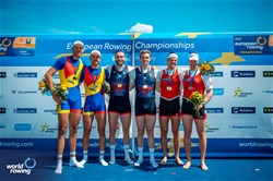 Oliver Wynne-Griffith (b), Tom George (s), Men's Pair, Great Britain, Gold, Florin Arteni (b), Florin Lehaci (s), Romania, Silver, Roman Roeoesli (b), Andrin Gulich (s), Switzerland, Bronze, 2024 European Rowing Championships, Szeged, Hungary © World Rowing / Benedict Tufnell