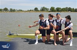 Oliver Wilkes (b), David Ambler, Matthew Aldridge, Freddie Davidson (s), Men's Four, Great Britain, Gold, 2024 European Rowing Championships, Szeged, Hungary © Maren Derlien / MyRowingPhoto.com
