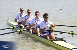 Thibaud Turlan (b), Guillaume Turlan, Benoit Brunet, Teo Rayet (s), Men's Four, France, Bronze, 2024 European Rowing Championships, Szeged, Hungary © Maren Derlien / MyRowingPhoto.com