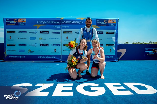 Erin Kennedy (c), PR3 Mixed Coxed Four , Great Britain, Gold, Emilie Acquistapace (c), France, Silver, Enrico D'Aniello (c), Italy, Bronze, 2024 European Rowing Championships, Szeged, Hungary © World Rowing / Benedict Tufnell