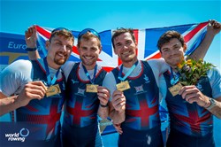 Oliver Wilkes (b), David Ambler, Matthew Aldridge, Freddie Davidson (s), Men's Four, Great Britain, Gold, 2024 European Rowing Championships, Szeged, Hungary © World Rowing / Benedict Tufnell