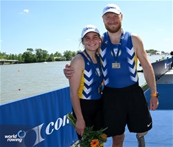 Anna Aisanova (b), Iaroslav Koiuda (s), PR2 Mixed Double Sculls, Ukraine, Bronze, 2024 European Rowing Championships, Szeged, Hungary © Detlev Seyb / MyRowingPhoto.com