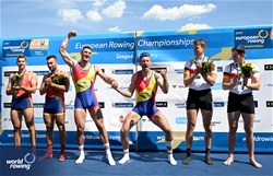 Andrei-Sebastian Cornea (b), Marian Enache (s), Men's Double Sculls, Romania, Gold, Aleix Garcia I Pujolar (b), Rodrigo Conde Romero (s), Spain, Silver, Jonas Gelsen (b), Marc Weber (s), Germany, Bronze, 2024 European Rowing Championships, Szeged, Hungary © Detlev Seyb / MyRowingPhoto.com