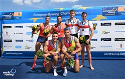 Andrei-Sebastian Cornea (b), Marian Enache (s), Men's Double Sculls, Romania, Gold, Aleix Garcia I Pujolar (b), Rodrigo Conde Romero (s), Spain, Silver, Jonas Gelsen (b), Marc Weber (s), Germany, Bronze, 2024 European Rowing Championships, Szeged, Hungary © Detlev Seyb / MyRowingPhoto.com