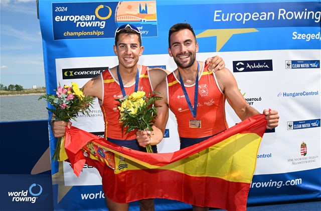 Aleix Garcia I Pujolar (b), Rodrigo Conde Romero (s), Men's Double Sculls, Spain, Silver, 2024 European Rowing Championships, Szeged, Hungary © Detlev Seyb / MyRowingPhoto.com