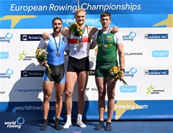 Oliver Zeidler, Men's Single Sculls, Germany, Gold, Stefanos Ntouskos, Greece, Silver, Giedrius Bieliauskas, Lithuania, Bronze, 2024 European Rowing Championships, Szeged, Hungary © Detlev Seyb / MyRowingPhoto.com