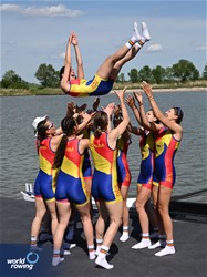 Magdalena Rusu (b), Iuliana Buhus, Adriana Adam, Roxana Anghel, Madalina Beres, Maria Lehaci, Ioana Vrinceanu, Amalia Beres (s), Victoria-Stefania Petreanu (c), Women's Eight, Romania, Gold, 2024 European Rowing Championships, Szeged, Hungary © Detlev Seyb / MyRowingPhoto.com