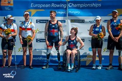 Gregg Stevenson (b), Lauren Rowles (s), PR2 Mixed Double Sculls, Great Britain, Gold, Jasmina Bier (b), Paul Umbach (s), Germany, Silver, Anna Aisanova (b), Iaroslav Koiuda (s), Ukraine, Bronze, 2024 European Rowing Championships, Szeged, Hungary © World Rowing / Benedict Tufnell