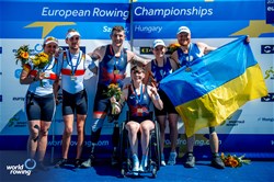 Gregg Stevenson (b), Lauren Rowles (s), PR2 Mixed Double Sculls, Great Britain, Gold, Jasmina Bier (b), Paul Umbach (s), Germany, Silver, Anna Aisanova (b), Iaroslav Koiuda (s), Ukraine, Bronze, 2024 European Rowing Championships, Szeged, Hungary © World Rowing / Benedict Tufnell