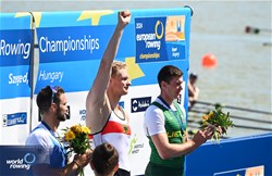 Oliver Zeidler, Men's Single Sculls, Germany, Gold, Stefanos Ntouskos, Greece, Silver, Giedrius Bieliauskas, Lithuania, Bronze, 2024 European Rowing Championships, Szeged, Hungary © Maren Derlien / MyRowingPhoto.com