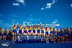 Magdalena Rusu (b), Iuliana Buhus, Adriana Adam, Roxana Anghel, Madalina Beres, Maria Lehaci, Ioana Vrinceanu, Amalia Beres (s), Victoria-Stefania Petreanu (c), Women's Eight, Romania, Gold, 2024 European Rowing Championships, Szeged, Hungary © World Rowing / Benedict Tufnell