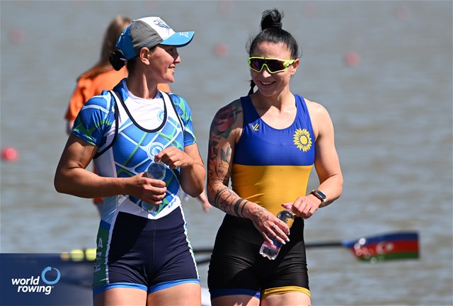 Diana Dymchenko, Women's Single Sculls, Azerbaijan, Silver, Yevheniia Dovhodko, Ukraine, Bronze, 2024 World Rowing European Olympic and Paralympic Qualification Regatta, Szeged, Hungary © Detlev Seyb / MyRowingPhoto.com