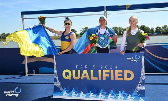 Tatsiana Klimovich, Women's Single Sculls, Individual Neutral Athlete, Gold, Diana Dymchenko, Azerbaijan, Silver, Yevheniia Dovhodko, Ukraine, Bronze, 2024 World Rowing European Olympic and Paralympic Qualification Regatta, Szeged, Hungary © Detlev Seyb / MyRowingPhoto.com