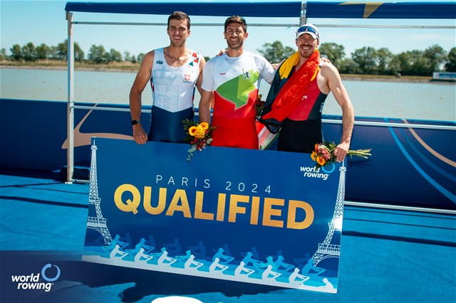 Nikolaj Pimenov, Men's Single Sculls, Serbia, Gold, Kristian Vasilev, Bulgaria, Silver, Tim Brys, Belgium, Bronze, 2024 World Rowing European Olympic and Paralympic Qualification Regatta, Szeged, Hungary © World Rowing / Benedict Tufnell