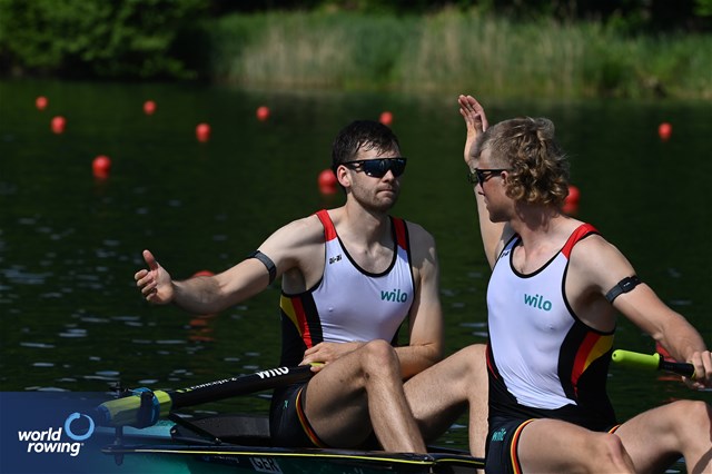 Julius Christ (b), Soenke Kruse (s), Men's Pair, Germany, 2024 World Rowing Final Olympic & Paralympic Qualification Regatta, Lucerne, Switzerland © Maren Derlien / MyRowingPhoto.com