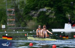 Frauke Hundeling (b), Sarah Wibberenz (s), Women's Double Sculls, Germany, 2024 World Rowing Final Olympic & Paralympic Qualification Regatta, Lucerne, Switzerland © Maren Derlien / MyRowingPhoto.com
