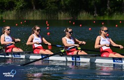 Zuzanna Lesner (b), Kinga Stalega, Anna Potrzuska, Weronika Kazmierczak (s), Women's Four, Poland, 2024 World Rowing Final Olympic & Paralympic Qualification Regatta, Lucerne, Switzerland © Maren Derlien / MyRowingPhoto.com