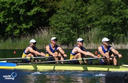 Maksym Boklazhenko (b), Oleh Kravchenko, Dmytro Hula, Oleksii Selivanov (s), Men's Four, Ukraine, 2024 World Rowing Final Olympic & Paralympic Qualification Regatta, Lucerne, Switzerland © Maren Derlien / MyRowingPhoto.com