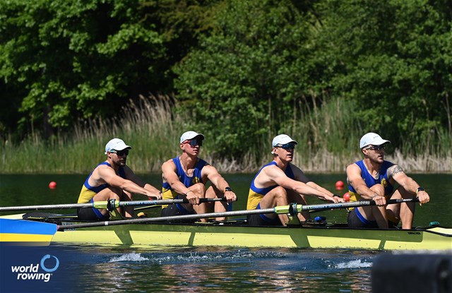Maksym Boklazhenko (b), Oleh Kravchenko, Dmytro Hula, Oleksii Selivanov (s), Men's Four, Ukraine, 2024 World Rowing Final Olympic & Paralympic Qualification Regatta, Lucerne, Switzerland © Maren Derlien / MyRowingPhoto.com
