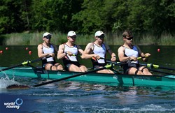Frederik Breuer (b), Malte Grossmann, Kasper Virnekaes, Jasper Angl (s), Men's Four, Germany, 2024 World Rowing Final Olympic & Paralympic Qualification Regatta, Lucerne, Switzerland © Maren Derlien / MyRowingPhoto.com
