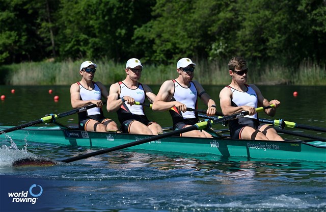 Frederik Breuer (b), Malte Grossmann, Kasper Virnekaes, Jasper Angl (s), Men's Four, Germany, 2024 World Rowing Final Olympic & Paralympic Qualification Regatta, Lucerne, Switzerland © Maren Derlien / MyRowingPhoto.com