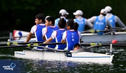 Dinara Belyanina (b), Gulzoda Shotanova, Kudratulla Khabibullaev, Abdumutal Abdurakhmonov (s), Amalbek Mustafakulov (c), PR3 Mixed Coxed Four , Uzbekistan, 2024 World Rowing Final Olympic & Paralympic Qualification Regatta, Lucerne, Switzerland © Detlev Seyb / MyRowingPhoto.com