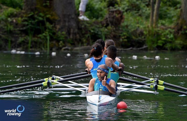 Priscila Barreto De Souza (b), Gabriel Mendes De Souza, Erik Da Silva Lima, Alina Dumas (s), Jucelino Da Silva (c), PR3 Mixed Coxed Four , Brazil, 2024 World Rowing Final Olympic & Paralympic Qualification Regatta, Lucerne, Switzerland © Maren Derlien / MyRowingPhoto.com