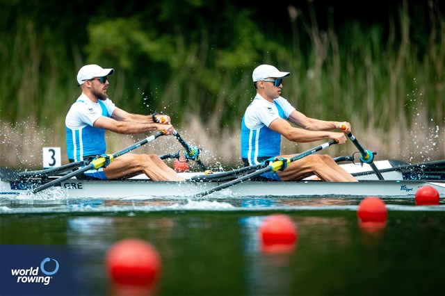 Antonios Papakonstantinou (b), Petros Gkaidatzis (s), Lightweight Men's Double Sculls, Greece, 2024 World Rowing Final Olympic & Paralympic Qualification Regatta, Lucerne, Switzerland © World Rowing / Benedict Tufnell