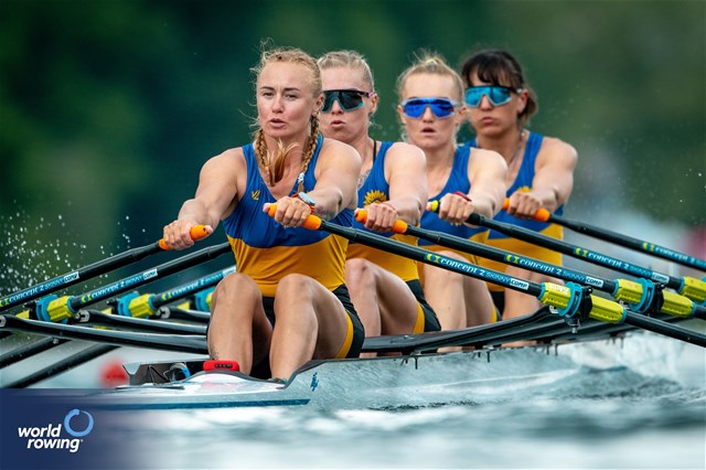 Nataliia Dovgodko (b), Kateryna Dudchenko, Daryna Verkhogliad, Anastasiia Kozhenkova (s), Women's Quadruple Sculls, Ukraine, 2024 World Rowing Final Olympic & Paralympic Qualification Regatta, Lucerne, Switzerland © World Rowing / Benedict Tufnell