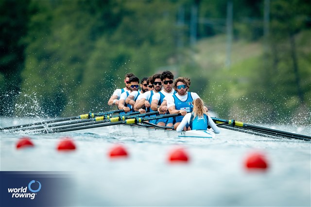 Matteo Della Valle (b), Jacopo Frigerio, Emanuele Gaetani Liseo, Salvatore Monfrecola, Davide Verita', Gennaro Di Mauro, Leonardo Pietra Caprina, Vincenzo Abbagnale (s), Alessandra Faella (c), Men's Eight, Italy, 2024 World Rowing Final Olympic & Paralympic Qualification Regatta, Lucerne, Switzerland © World Rowing / Benedict Tufnell