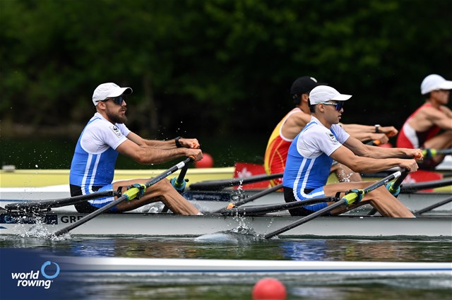 Antonios Papakonstantinou (b), Petros Gkaidatzis (s), Lightweight Men's Double Sculls, Greece, 2024 World Rowing Final Olympic & Paralympic Qualification Regatta, Lucerne, Switzerland © Detlev Seyb / MyRowingPhoto.com
