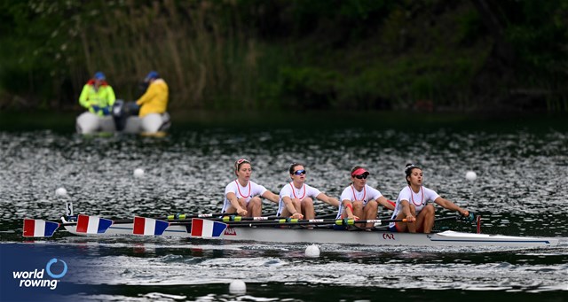 Violaine Aernoudts (b), Jeanne Roche, Helene Lefebvre, Elodie Ravera-Scaramozzino (s), Women's Quadruple Sculls, France, 2024 World Rowing Final Olympic & Paralympic Qualification Regatta, Lucerne, Switzerland © Detlev Seyb / MyRowingPhoto.com
