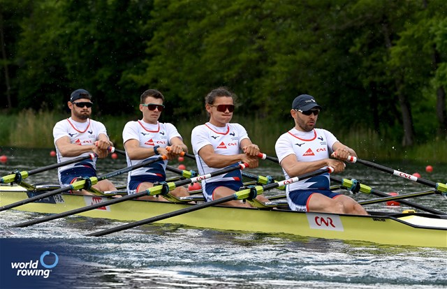 Valentin Onfroy (b), Victor Marcelot, Yoann Lamiral, Theophile Onfroy (s), Men's Quadruple Sculls, France, 2024 World Rowing Final Olympic & Paralympic Qualification Regatta, Lucerne, Switzerland © Maren Derlien / MyRowingPhoto.com