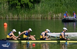 Maksym Boklazhenko (b), Oleh Kravchenko, Dmytro Hula, Oleksii Selivanov (s), Men's Four, Ukraine, 2024 World Rowing Final Olympic & Paralympic Qualification Regatta, Lucerne, Switzerland © Detlev Seyb / MyRowingPhoto.com