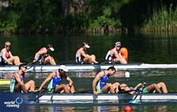 Fazliddin Karimov (b), Davrjon Davronov, Dilshodjon Khudoyberdiev, Alisher Turdiev (s), Men's Four, Uzbekistan, 2024 World Rowing Final Olympic & Paralympic Qualification Regatta, Lucerne, Switzerland © Detlev Seyb / MyRowingPhoto.com