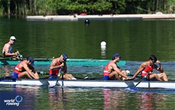 Alfredo Abraham (b), Ignacio Abraham, Francisco Lapostol, Alonso Poo Venegas (s), Men's Four, Chile, 2024 World Rowing Final Olympic & Paralympic Qualification Regatta, Lucerne, Switzerland © Detlev Seyb / MyRowingPhoto.com