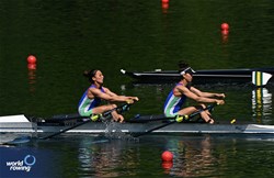 Luizakhon Islomova (b), Malika Tagmatova (s), Lightweight Women's Double Sculls, Uzbekistan, 2024 World Rowing Final Olympic & Paralympic Qualification Regatta, Lucerne, Switzerland © Maren Derlien / MyRowingPhoto.com