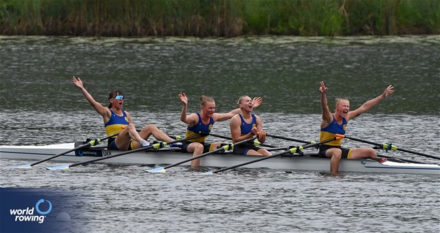 Nataliia Dovgodko (b), Kateryna Dudchenko, Daryna Verkhogliad, Anastasiia Kozhenkova (s), Women's Quadruple Sculls, Ukraine, 2024 World Rowing Final Olympic & Paralympic Qualification Regatta, Lucerne, Switzerland © Detlev Seyb / MyRowingPhoto.com