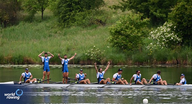 Matteo Della Valle (b), Jacopo Frigerio, Emanuele Gaetani Liseo, Salvatore Monfrecola, Davide Verita', Gennaro Di Mauro, Leonardo Pietra Caprina, Vincenzo Abbagnale (s), Alessandra Faella (c), Men's Eight, Italy, 2024 World Rowing Final Olympic & Paralympic Qualification Regatta, Lucerne, Switzerland © Detlev Seyb / MyRowingPhoto.com