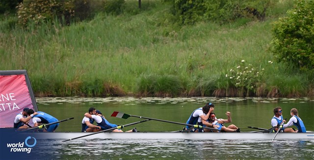 Matteo Della Valle (b), Jacopo Frigerio, Emanuele Gaetani Liseo, Salvatore Monfrecola, Davide Verita', Gennaro Di Mauro, Leonardo Pietra Caprina, Vincenzo Abbagnale (s), Alessandra Faella (c), Men's Eight, Italy, 2024 World Rowing Final Olympic & Paralympic Qualification Regatta, Lucerne, Switzerland © Detlev Seyb / MyRowingPhoto.com