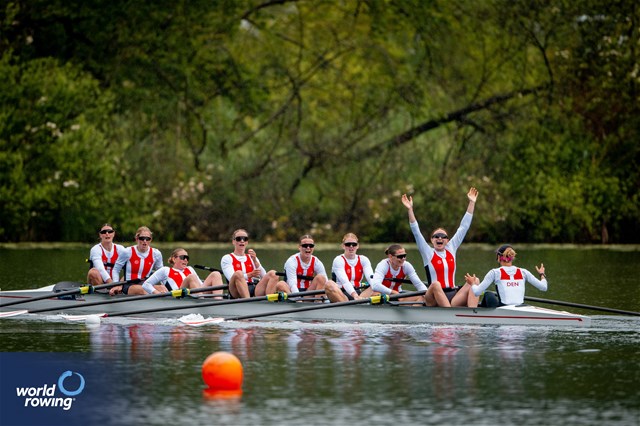 Nanna Vigild (b), Karen Mortensen, Clara Hornnaess, Sara Johansen, Frida Werner Foldager, Caroline Munch, Sofie Vikkelsoee, Nikoline Laidlaw (s), Sophie Oestergaard (c), Women's Eight, Denmark, 2024 World Rowing Final Olympic & Paralympic Qualification Regatta, Lucerne, Switzerland © World Rowing / Benedict Tufnell