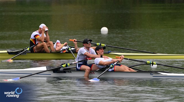 Hugo Beurey (b), Ferdinand Ludwig (s), Lightweight Men's Double Sculls, France, 2024 World Rowing Final Olympic & Paralympic Qualification Regatta, Lucerne, Switzerland © Detlev Seyb / MyRowingPhoto.com