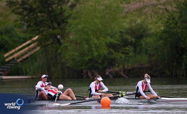 Astrid Steensberg (b), Frida Sanggaard Nielsen, Marie Skytte Hauberg Johannesen, Julie Poulsen (s), Women's Four, Denmark, 2024 World Rowing Final Olympic & Paralympic Qualification Regatta, Lucerne, Switzerland © Detlev Seyb / MyRowingPhoto.com