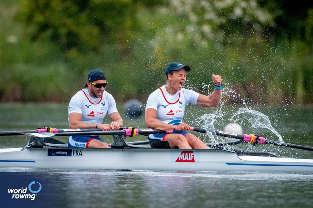 Benjamin Daviet (b), Perle Bouge (s), PR2 Mixed Double Sculls, France, 2024 World Rowing Final Olympic & Paralympic Qualification Regatta, Lucerne, Switzerland © World Rowing / Benedict Tufnell