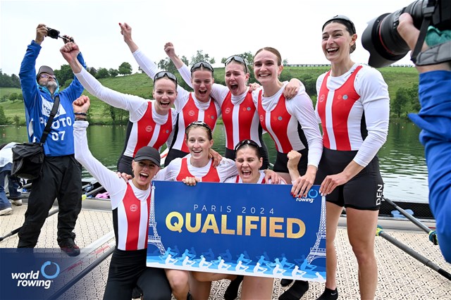 Nanna Vigild (b), Karen Mortensen, Clara Hornnaess, Sara Johansen, Frida Werner Foldager, Caroline Munch, Sofie Vikkelsoee, Nikoline Laidlaw (s), Sophie Oestergaard (c), Women's Eight, Denmark, Silver, 2024 World Rowing Final Olympic & Paralympic Qualification Regatta, Lucerne, Switzerland © Detlev Seyb / MyRowingPhoto.com