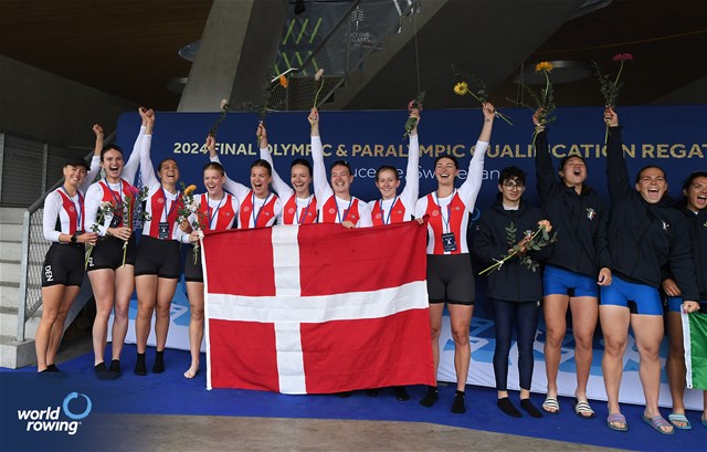 Nanna Vigild (b), Karen Mortensen, Clara Hornnaess, Sara Johansen, Frida Werner Foldager, Caroline Munch, Sofie Vikkelsoee, Nikoline Laidlaw (s), Sophie Oestergaard (c), Women's Eight, Denmark, Silver, 2024 World Rowing Final Olympic & Paralympic Qualification Regatta, Lucerne, Switzerland © Maren Derlien / MyRowingPhoto.com